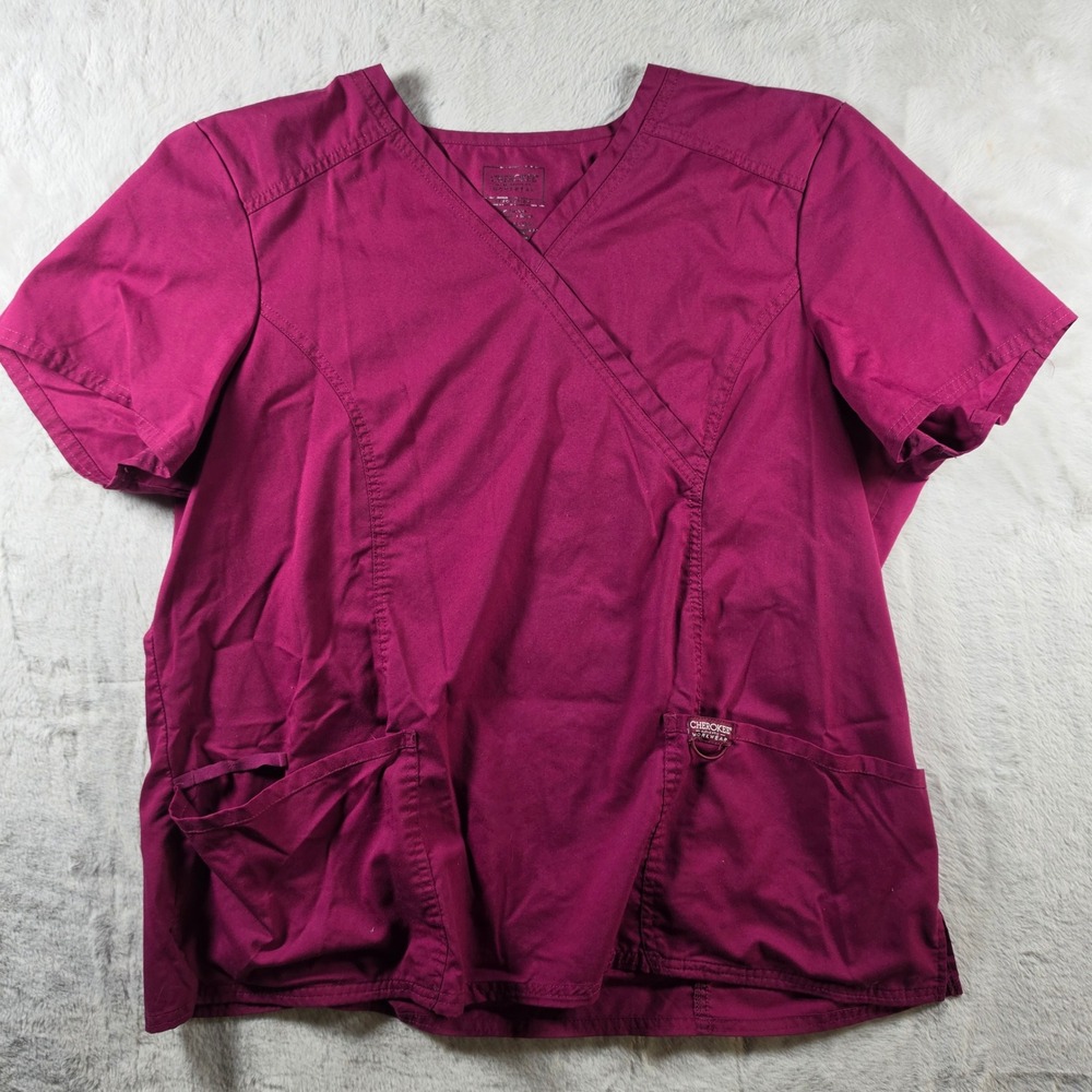 Cherokee Scrub‎ Top Women 2XL Wine Revolution Mock Wrap Medical Workwear WW610